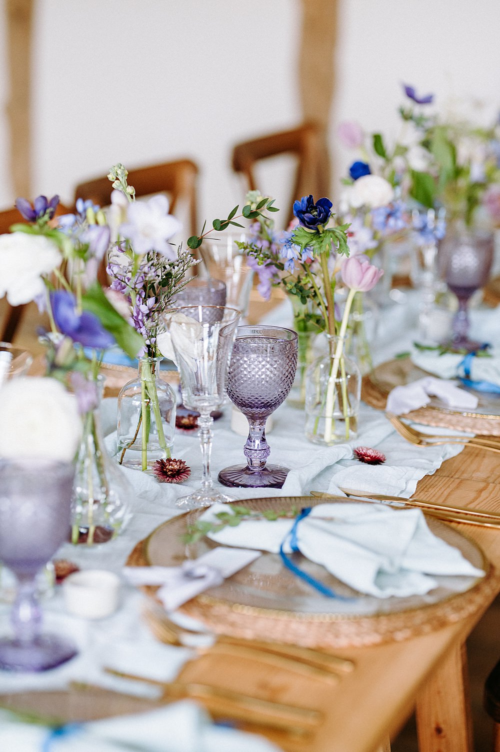 Long Table Decor Blue Lilac Flowers Surrey Glasshouse Wedding Chloe Martin Photography