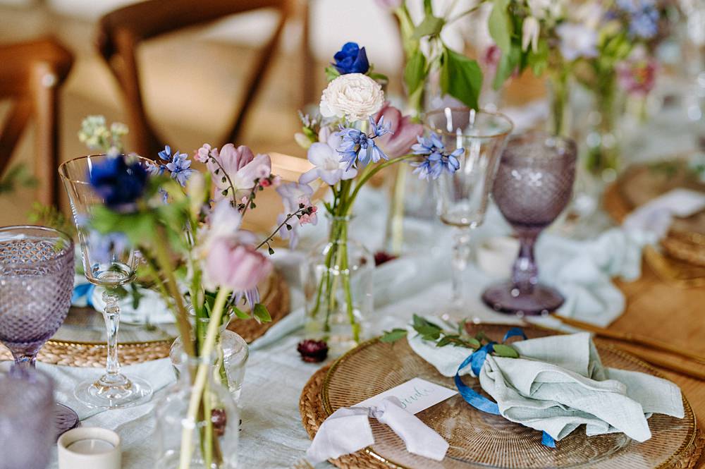 Long Table Decor Blue Lilac Flowers Surrey Glasshouse Wedding Chloe Martin Photography