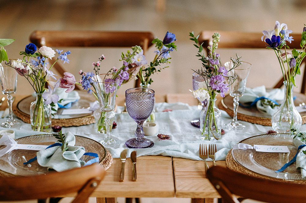 Long Table Decor Blue Lilac Flowers Surrey Glasshouse Wedding Chloe Martin Photography