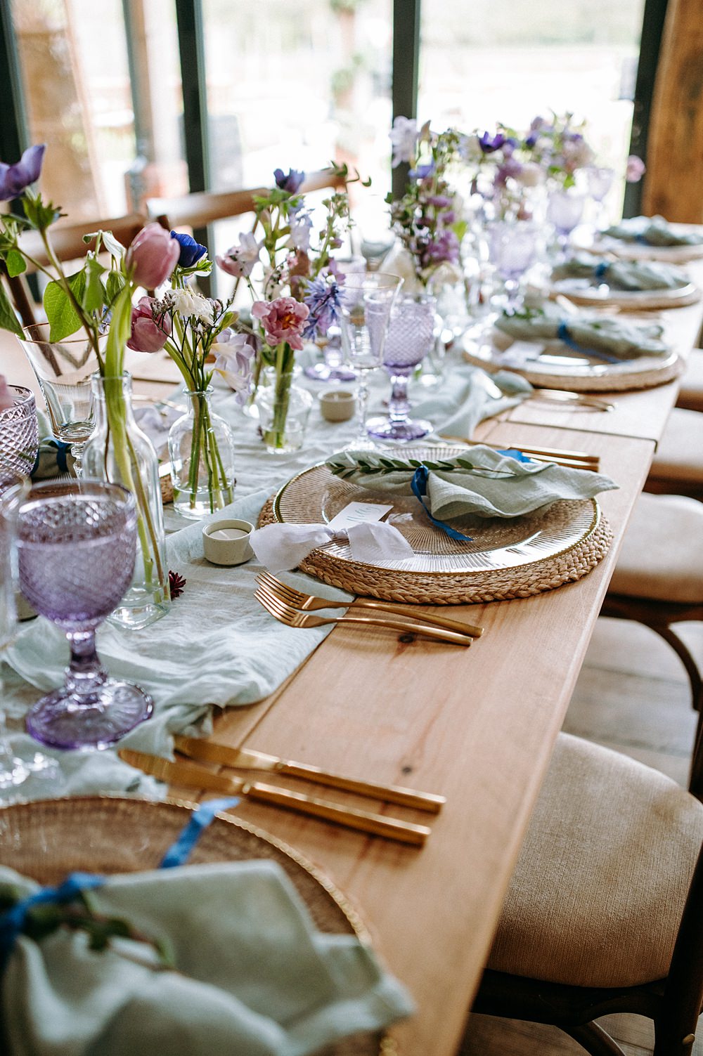 Long Table Decor Blue Lilac Flowers Surrey Glasshouse Wedding Chloe Martin Photography