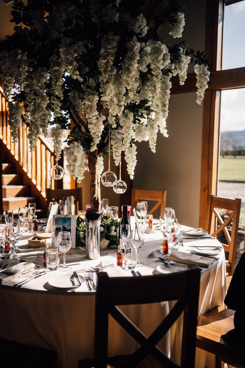Table Decor Place Setting Hanging Flowers Wisteria Eucalyptus Tower Hill Barns Wedding Tom Wyatt