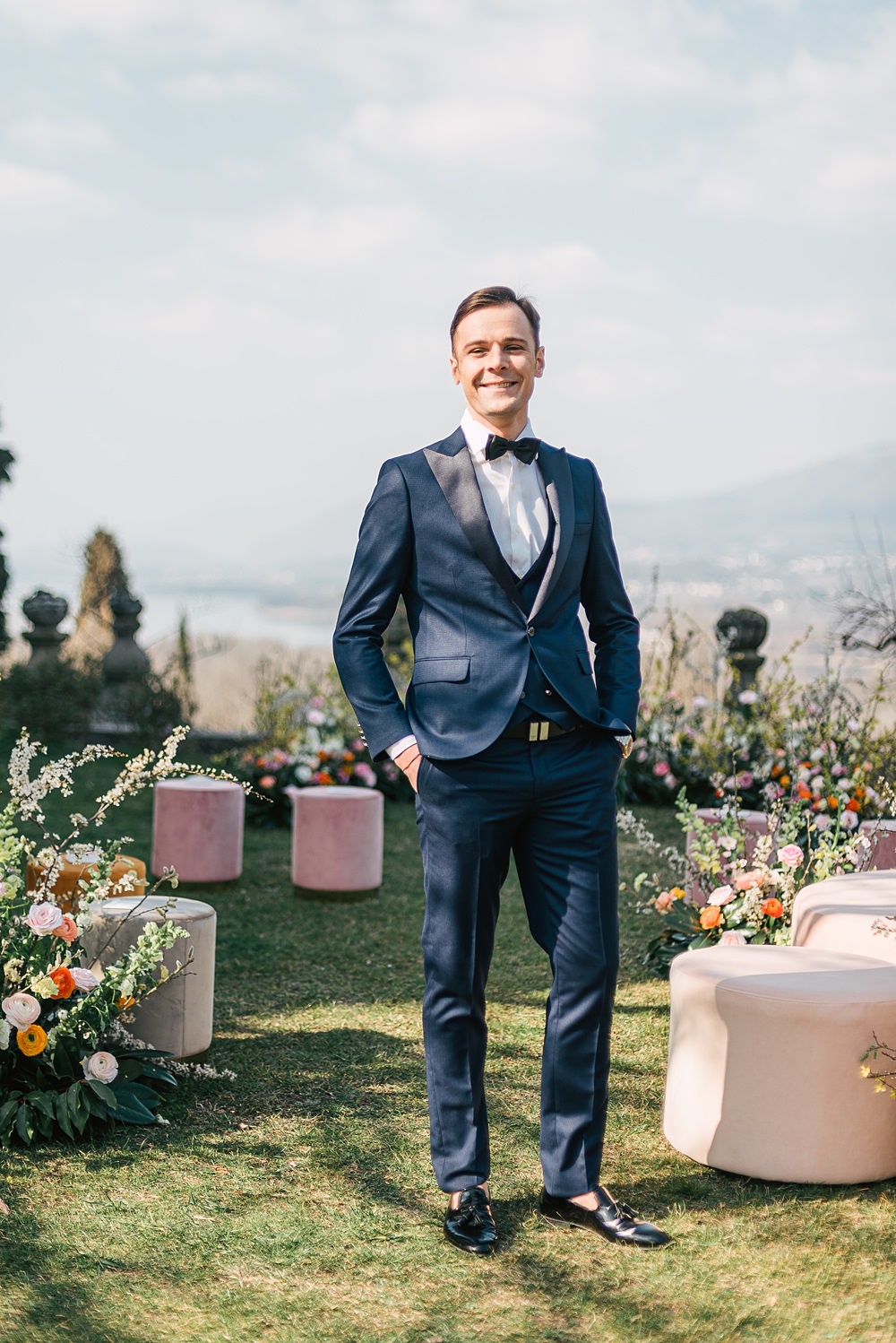 Groom Navy Suit Bow Tie Villa Orsi di Azzate Wedding Rossella Putino
