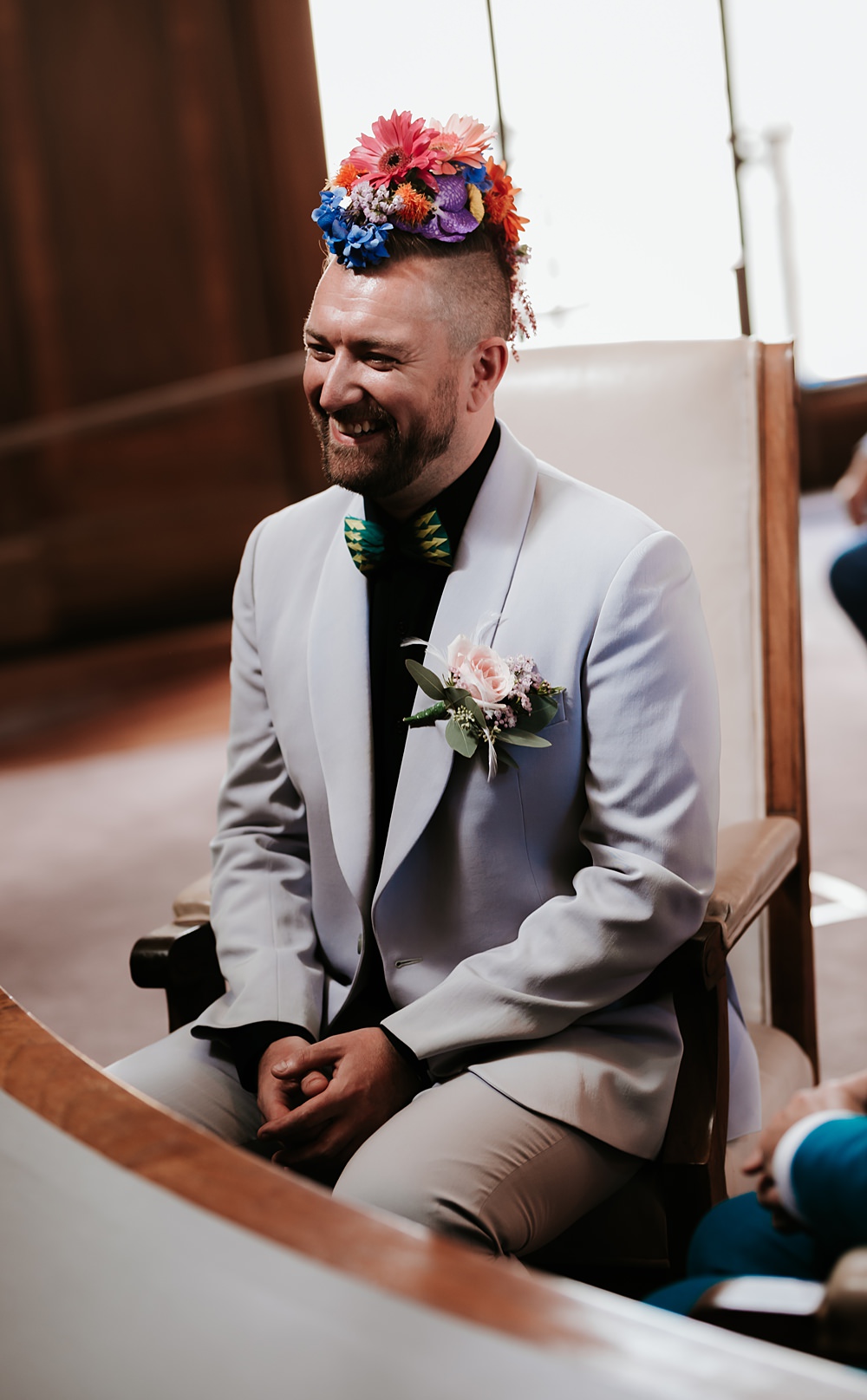 Groom Black Shirt Pale Blue Jacket Hair Flowers West Reservoir Centre Wedding Lauren Marchant Photography