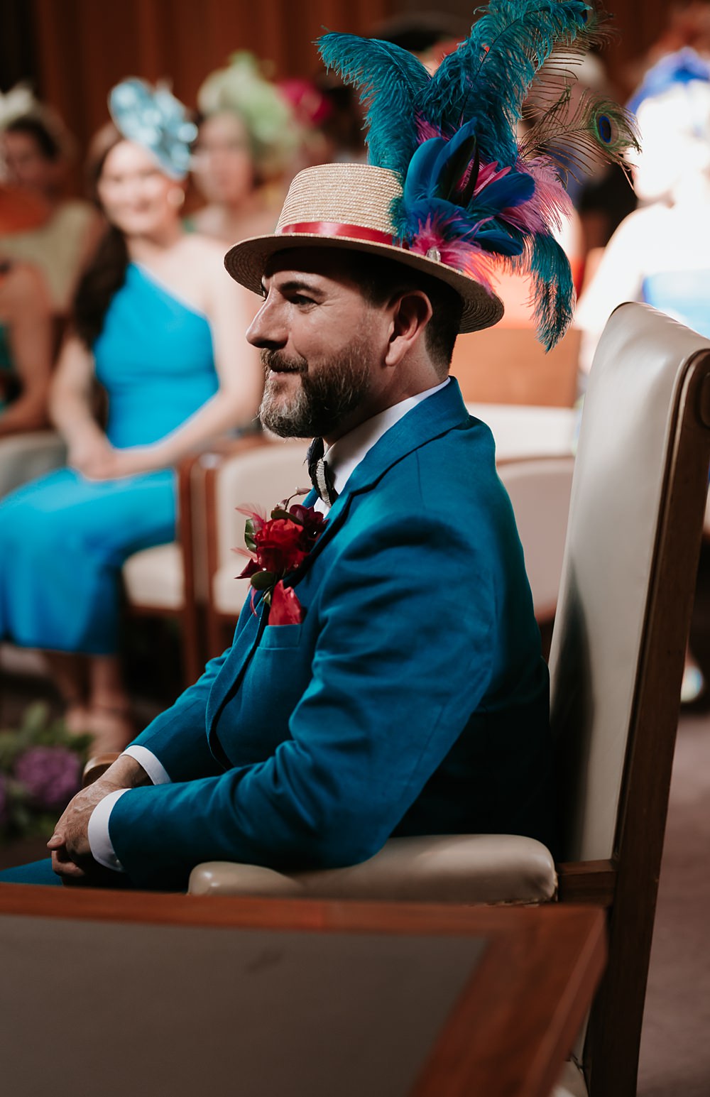 Groom Bow Tie Blue Suit Hat Flowers West Reservoir Centre Wedding Lauren Marchant Photography