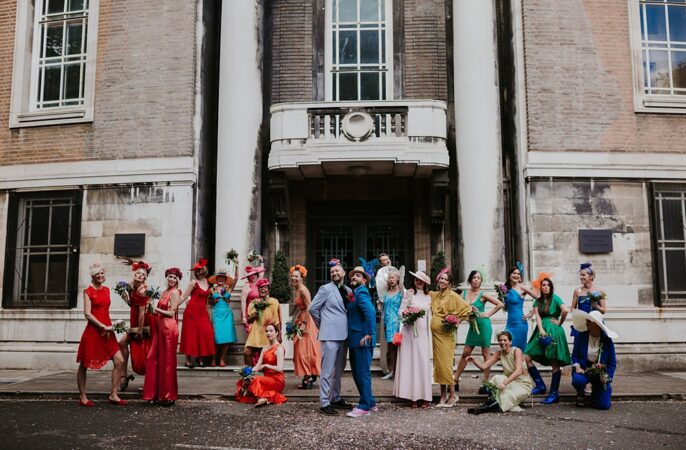 West Reservoir Centre Wedding Lauren Marchant Photography Rainbow Bridesmaids Party Outfits