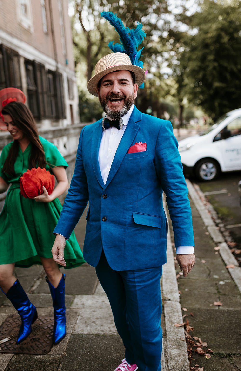 Groom Bow Tie Blue Suit Hat Flowers West Reservoir Centre Wedding Lauren Marchant Photography