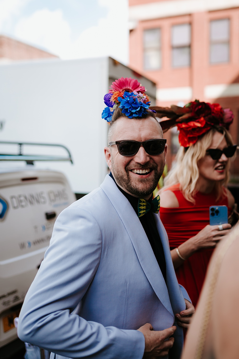 Groom Black Shirt Pale Blue Jacket Hair Flowers West Reservoir Centre Wedding Lauren Marchant Photography