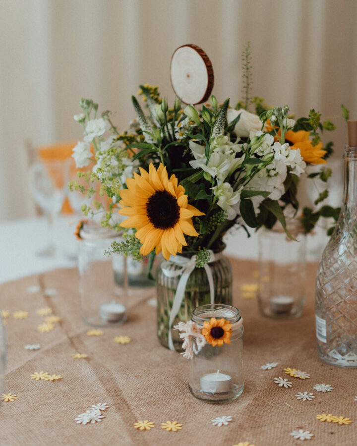 Autumn Sunflower Wedding Centrepiece Decor Idea Emily and Steve Photography