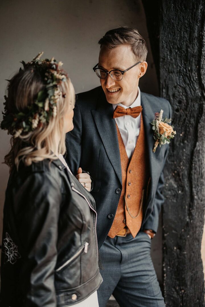 Autumn Wedding Suit Groom Navy Burnt Orange Waistcoat Bow Tie Olegs & Rita Photography