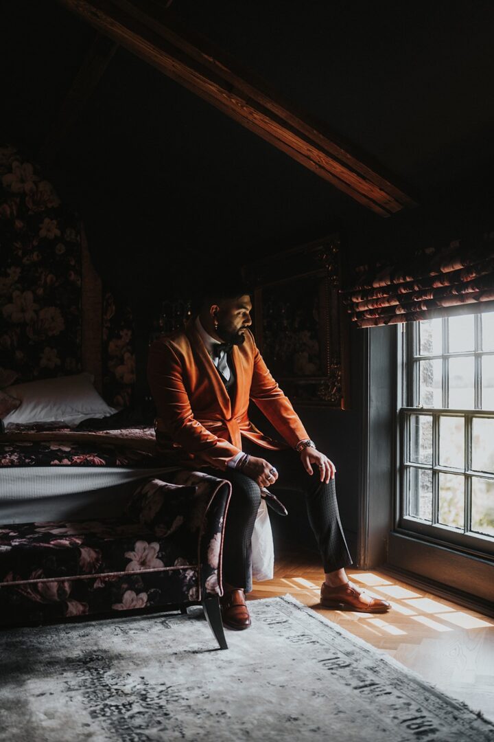 Autumn Wedding Suit Orange Velvet Blazer Groom Firewood Film