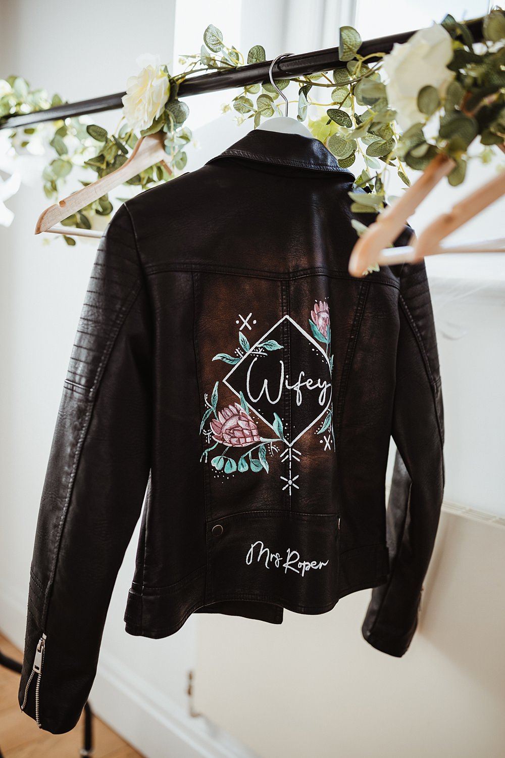 Bride Bridesmaid Leather Jacket Painted Broughton Sanctuary Wedding Photography34