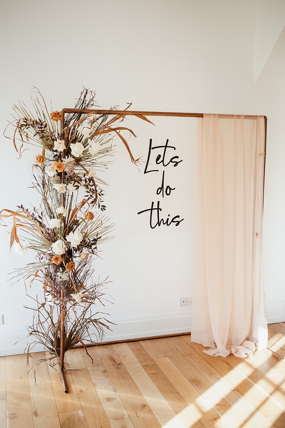 Backdrop Drapes Flowers Frame Flower Arch Broughton Sanctuary Wedding Photography34