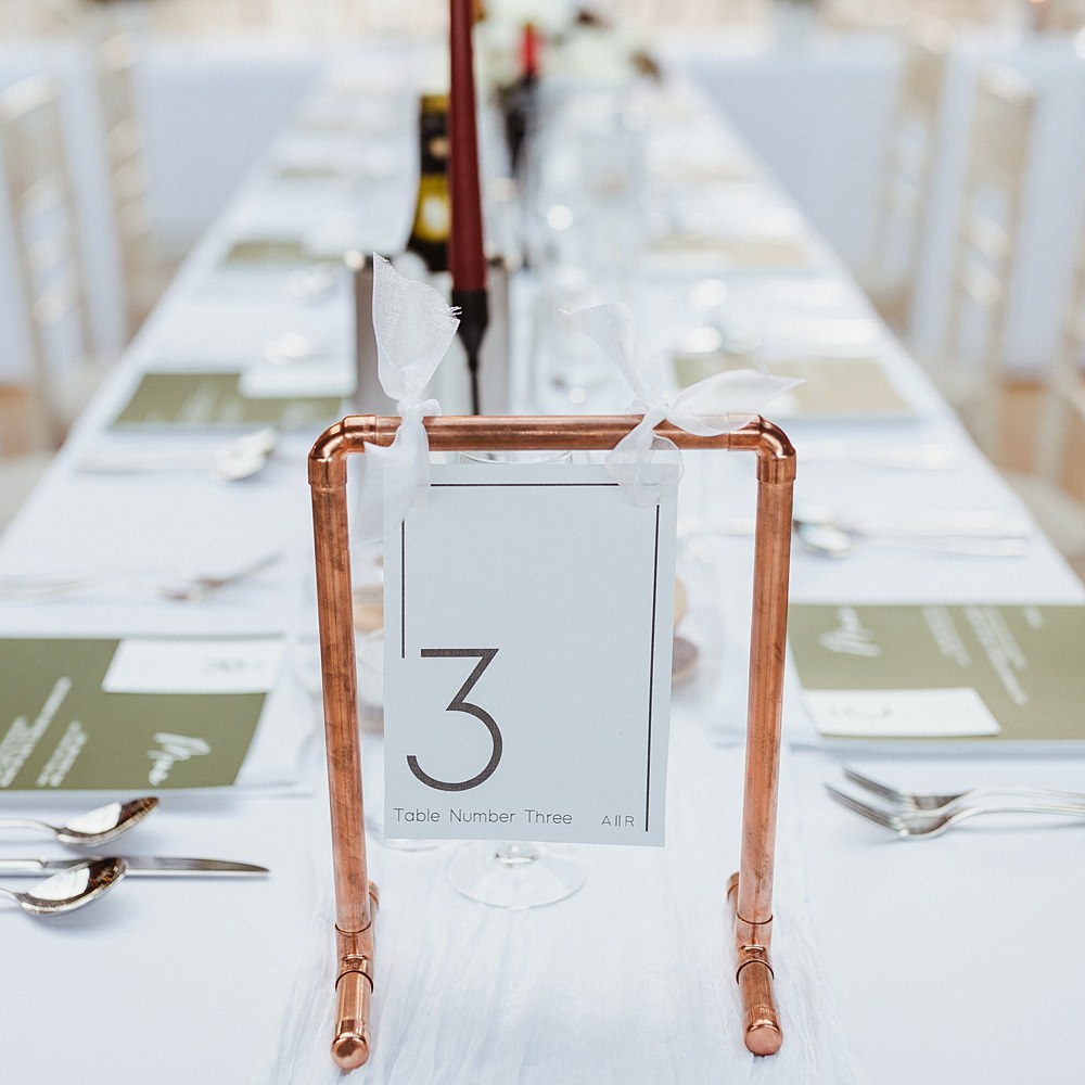 Copper Pipe Table Number Sign Broughton Sanctuary Wedding Photography34