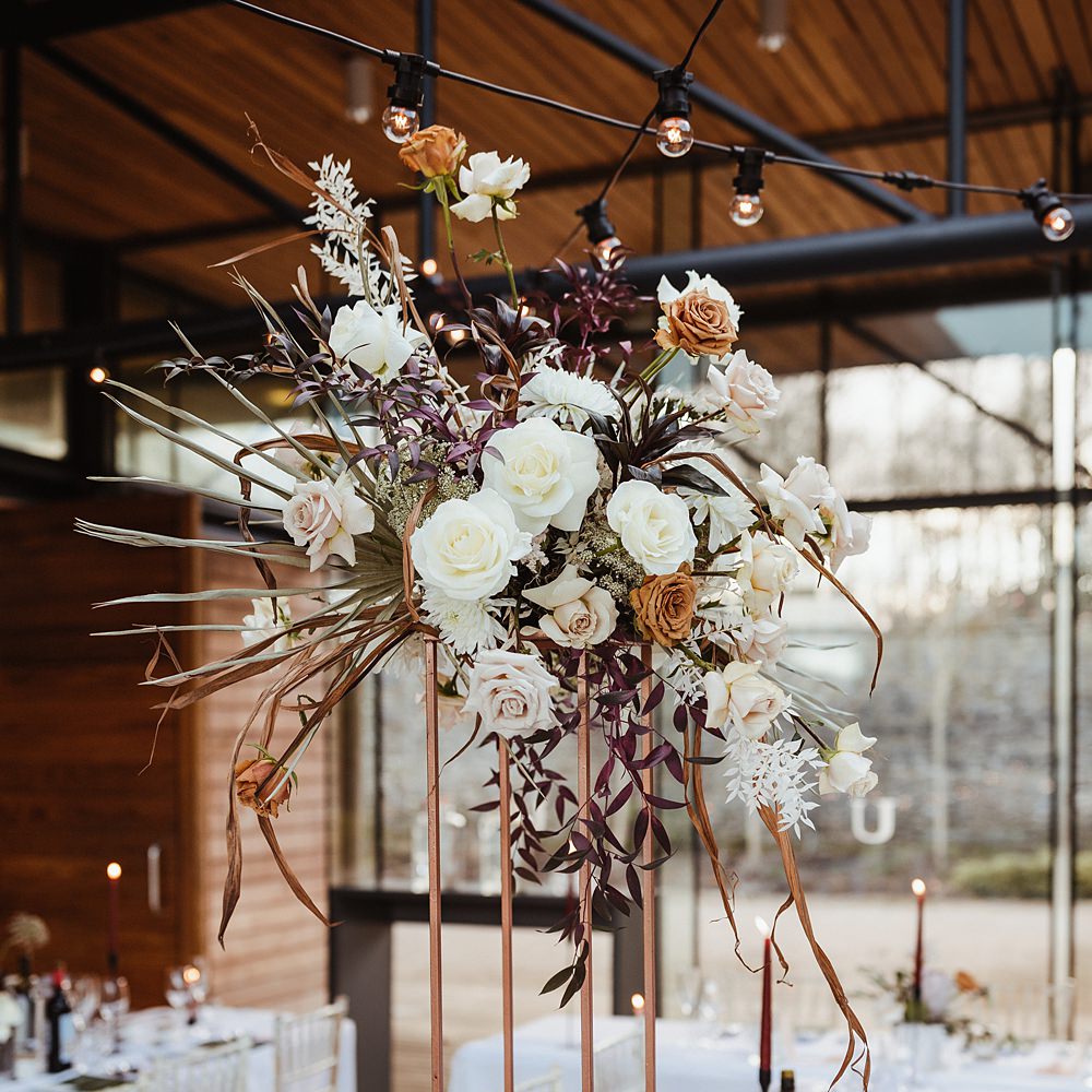 Tall Flower Metal Stand Centrepiece Broughton Sanctuary Wedding Photography34