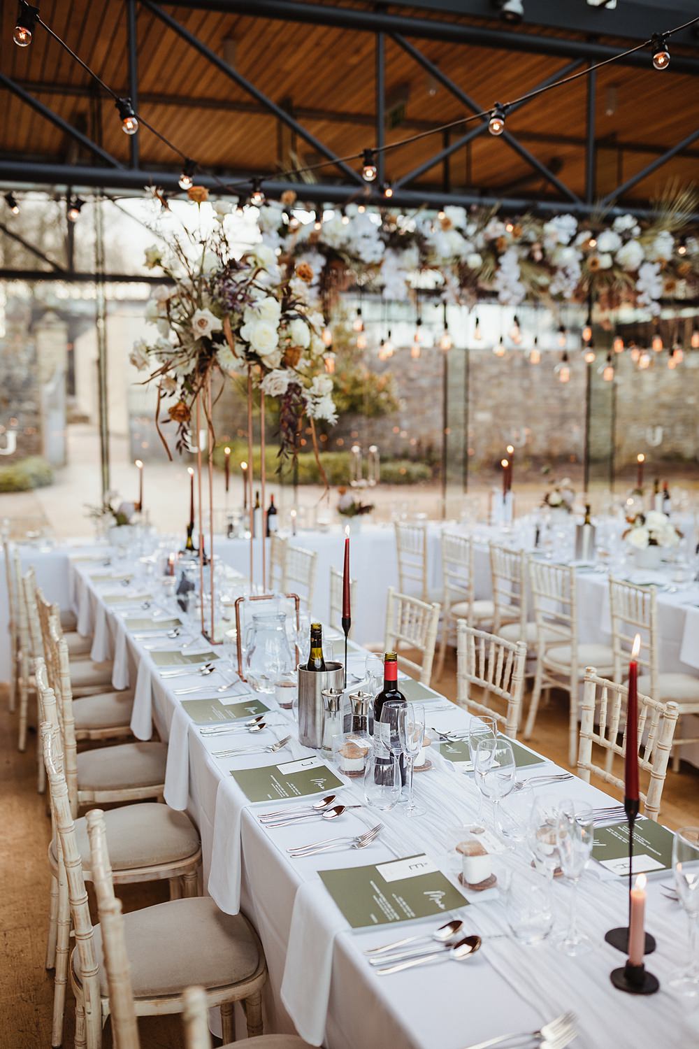 Table Decor Flowers Candles Green Stationery Broughton Sanctuary Wedding Photography34