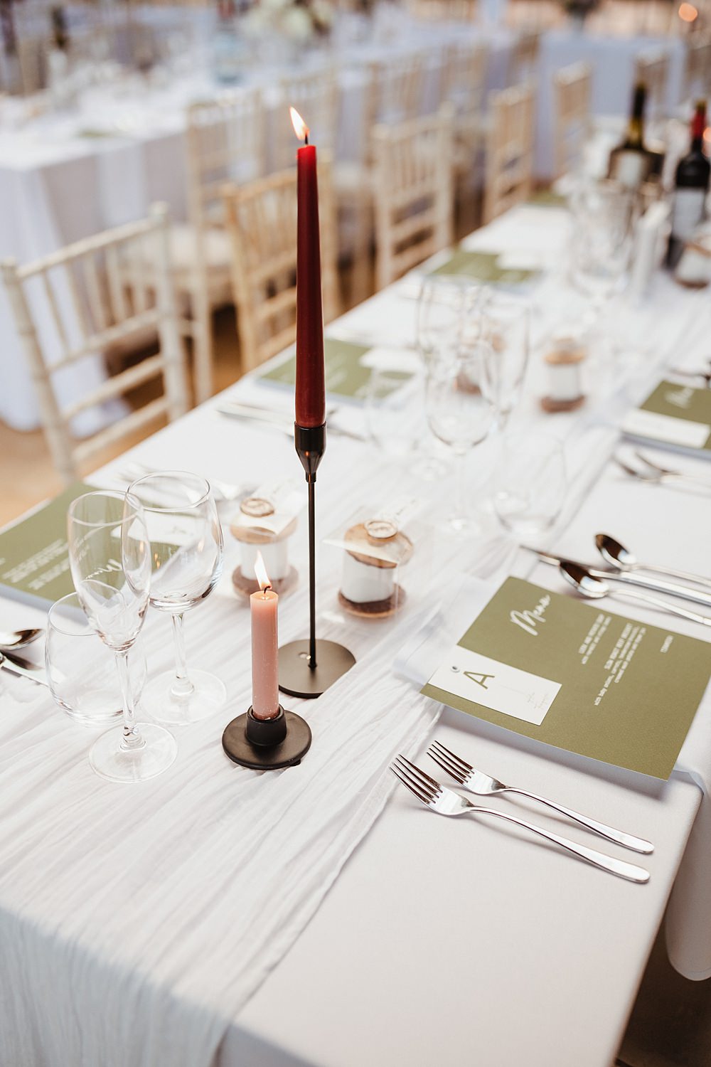 Red Candlestick Table Decor White Runner Broughton Sanctuary Wedding Photography34
