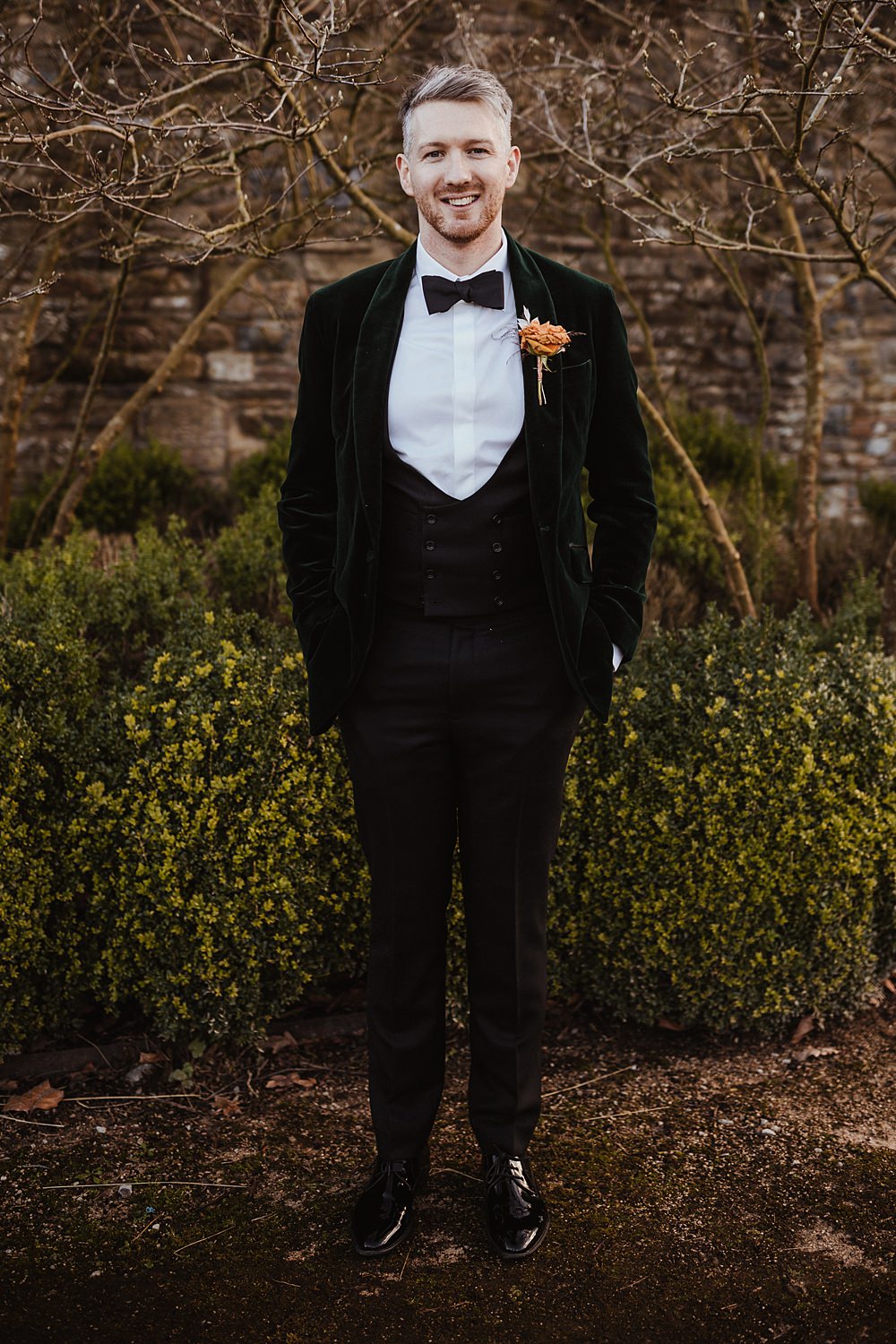 Green Velvet Suit Groom Tux Buttonhole Flower Rose Broughton Sanctuary Wedding Photography34