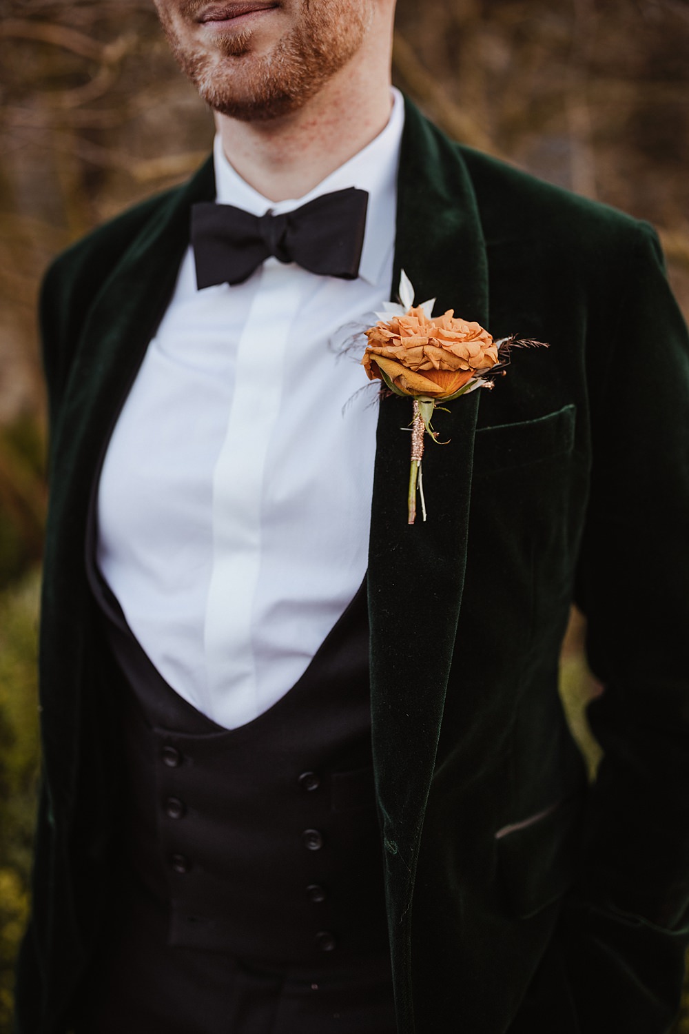 Green Velvet Suit Groom Tux Buttonhole Flower Rose Broughton Sanctuary Wedding Photography34