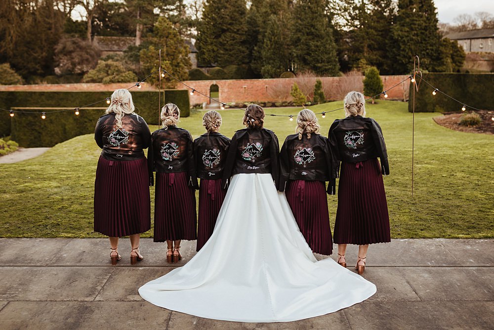Bride Bridesmaid Leather Jacket Painted Broughton Sanctuary Wedding Photography34