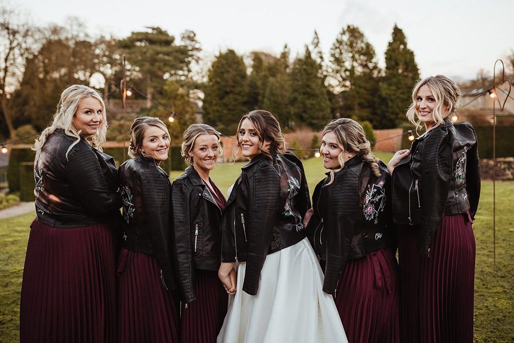 Bride Bridesmaid Leather Jacket Painted Broughton Sanctuary Wedding Photography34