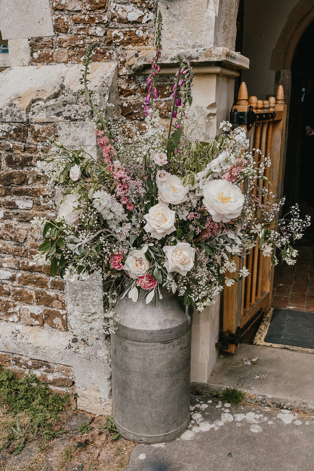 Milk Churn Flowers Wild Cherry Barn Wedding Shelby Ellis Photography