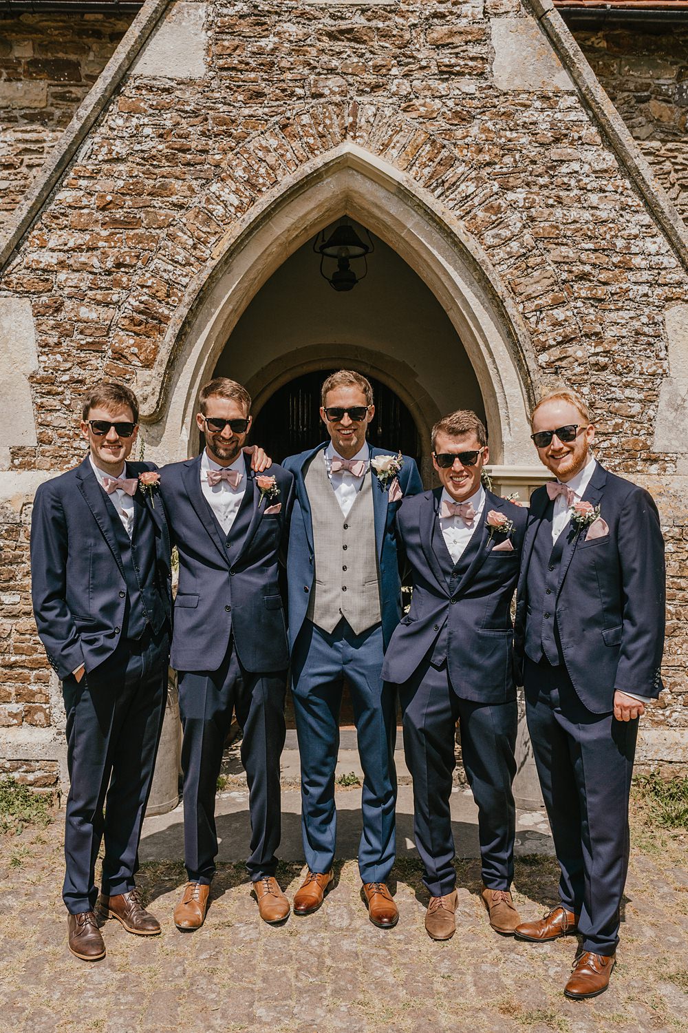 Groom Groomsmen Navy Suits Pink Bow Ties Cherry Barn Wedding Shelby Ellis Photography