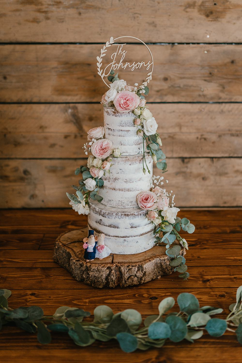 Semi Naked Cake Log Slice Wooden Topper Cherry Barn Wedding Shelby Ellis Photography