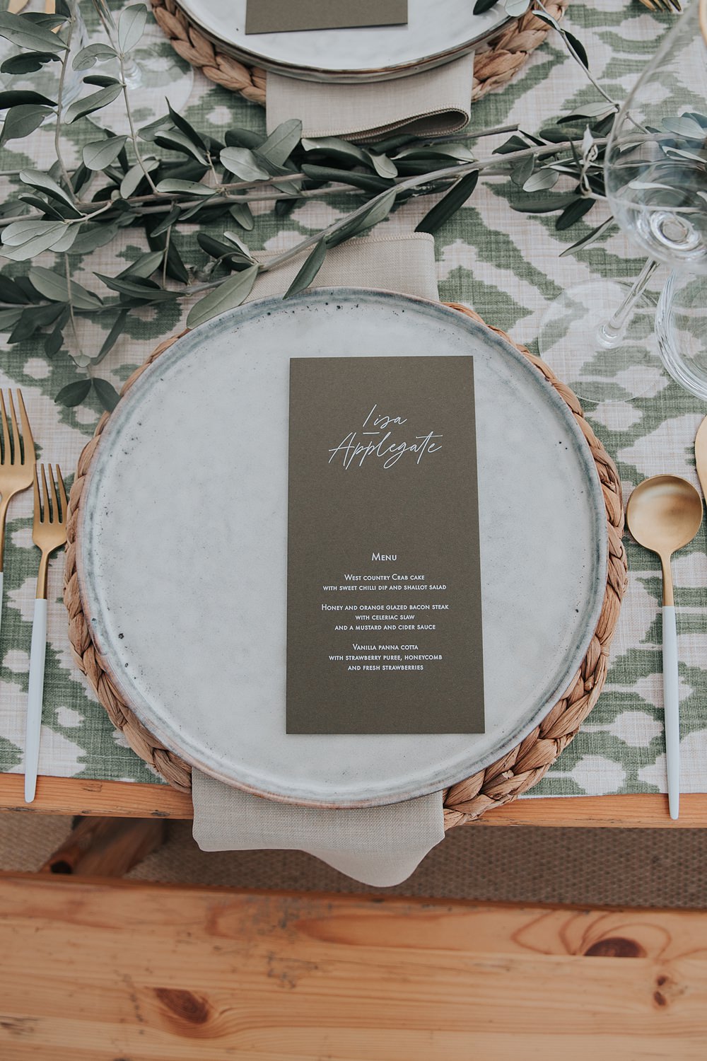 Place Setting Green Gold Decor Mismatched Pattern Wedding Ideas Melanie Barnfield Photography
