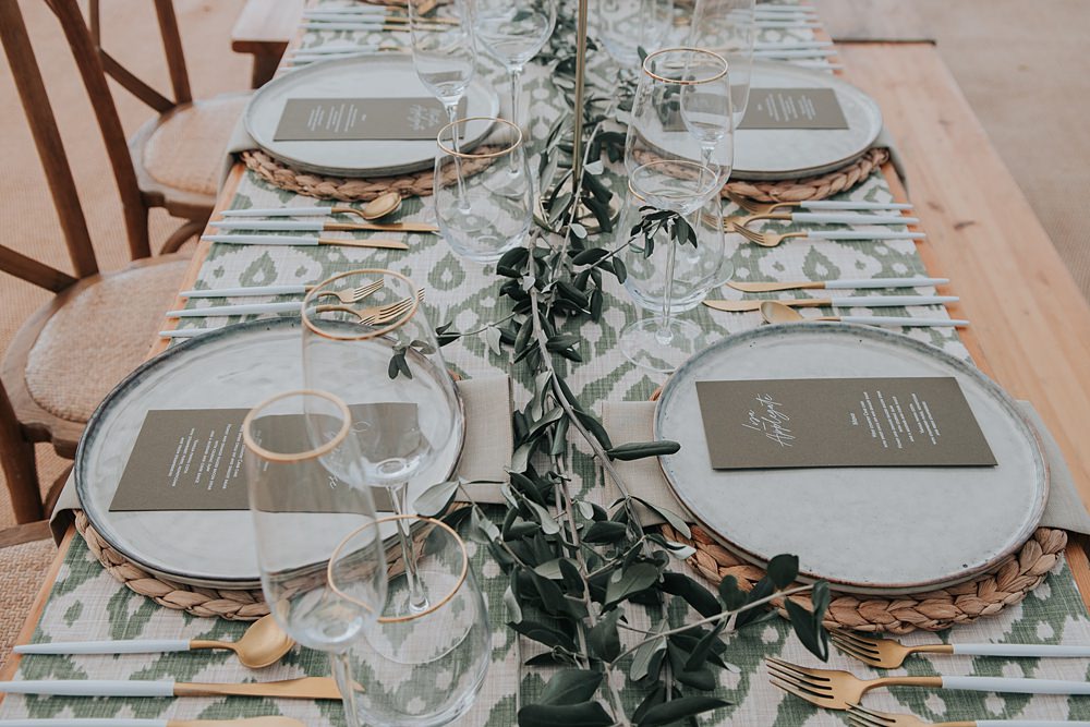 Wooden Table Green Greenery Decor Runner Flowers Candles Marquee Mismatched Pattern Wedding Ideas Melanie Barnfield Photography