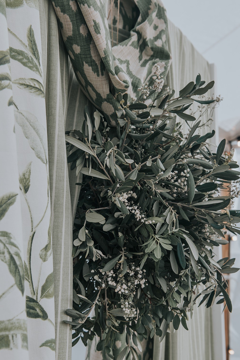 Backdrop Drapes Fabric Green Greenery Mismatched Pattern Wedding Ideas Melanie Barnfield Photography