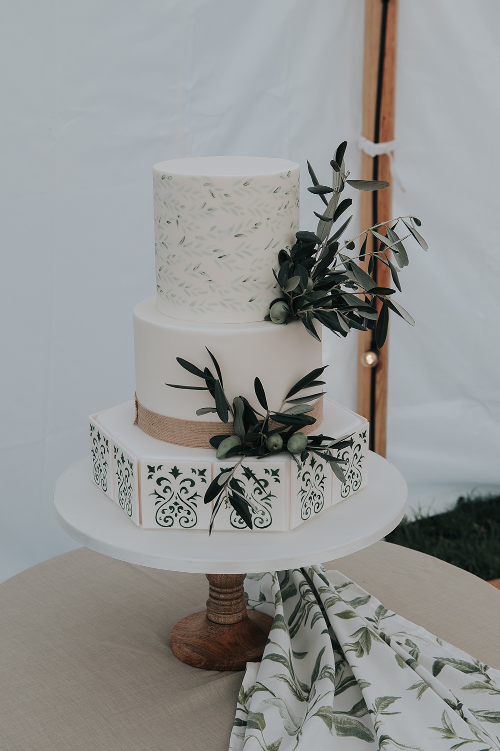 3 Tier Cake Gold Greenery Tiles Mismatched Pattern Wedding Ideas Melanie Barnfield Photography