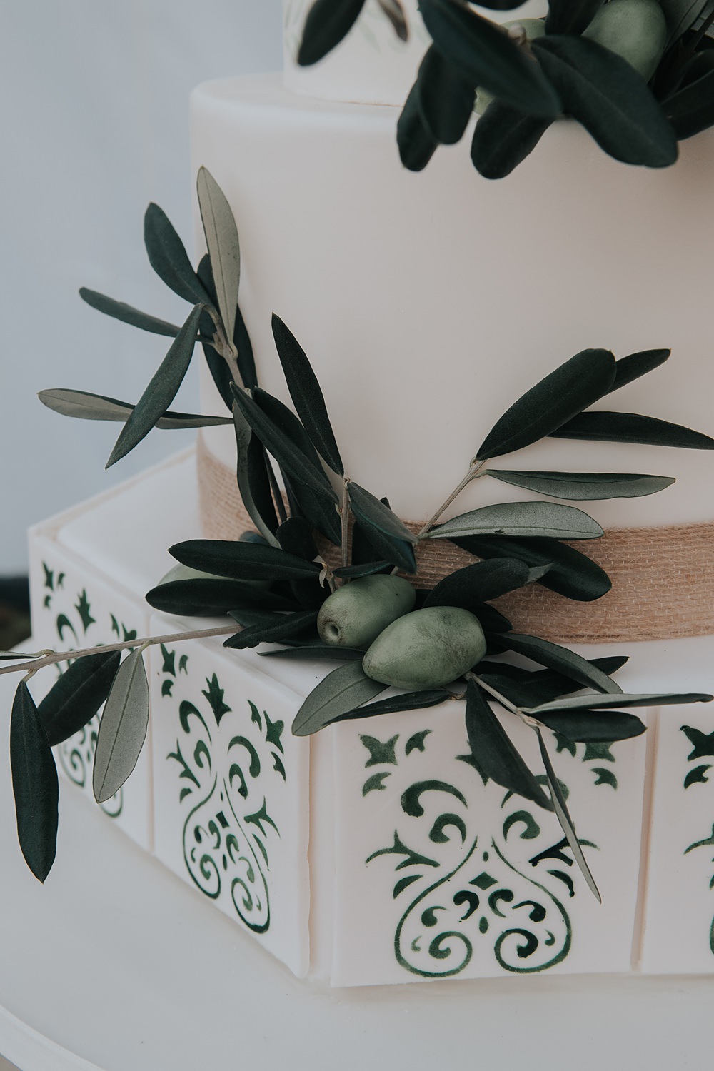 3 Tier Cake Gold Greenery Tiles Mismatched Pattern Wedding Ideas Melanie Barnfield Photography