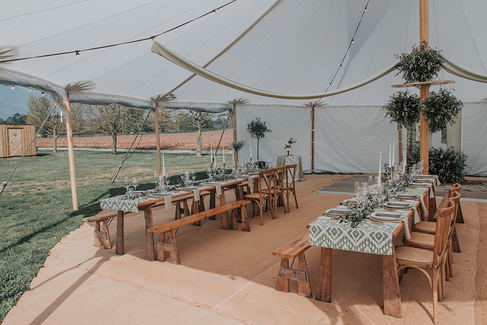Wooden Table Green Greenery Decor Runner Flowers Candles Marquee Mismatched Pattern Wedding Ideas Melanie Barnfield Photography