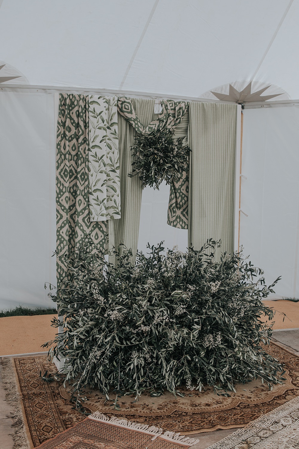 Backdrop Drapes Fabric Green Greenery Mismatched Pattern Wedding Ideas Melanie Barnfield Photography