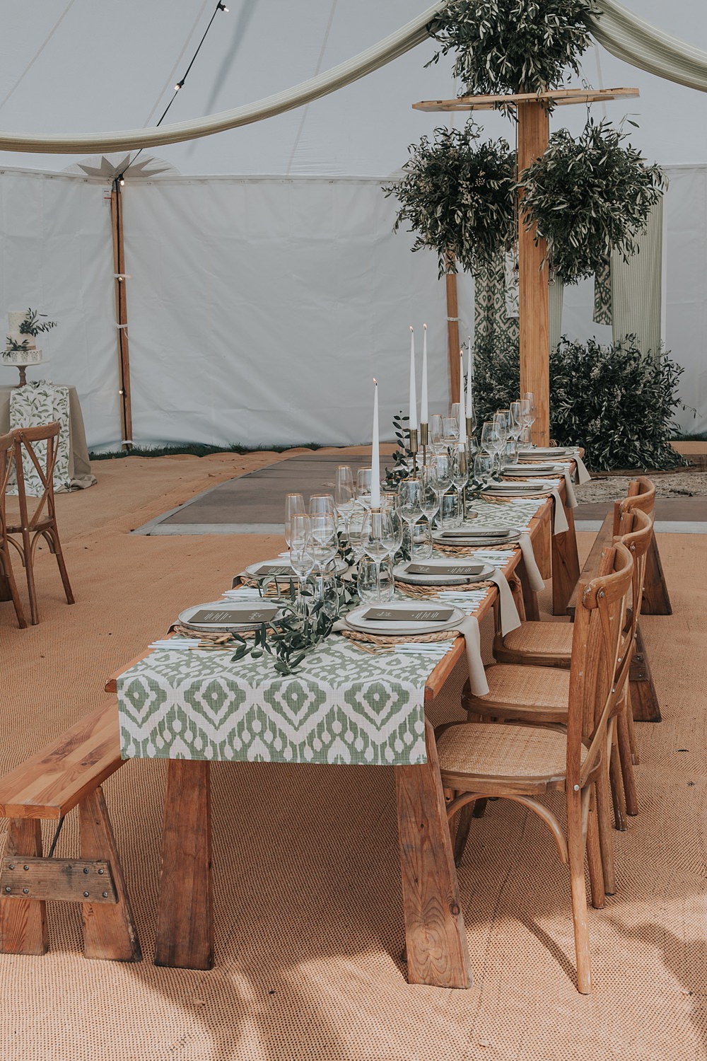 Wooden Table Green Greenery Decor Runner Flowers Candles Marquee Mismatched Pattern Wedding Ideas Melanie Barnfield Photography