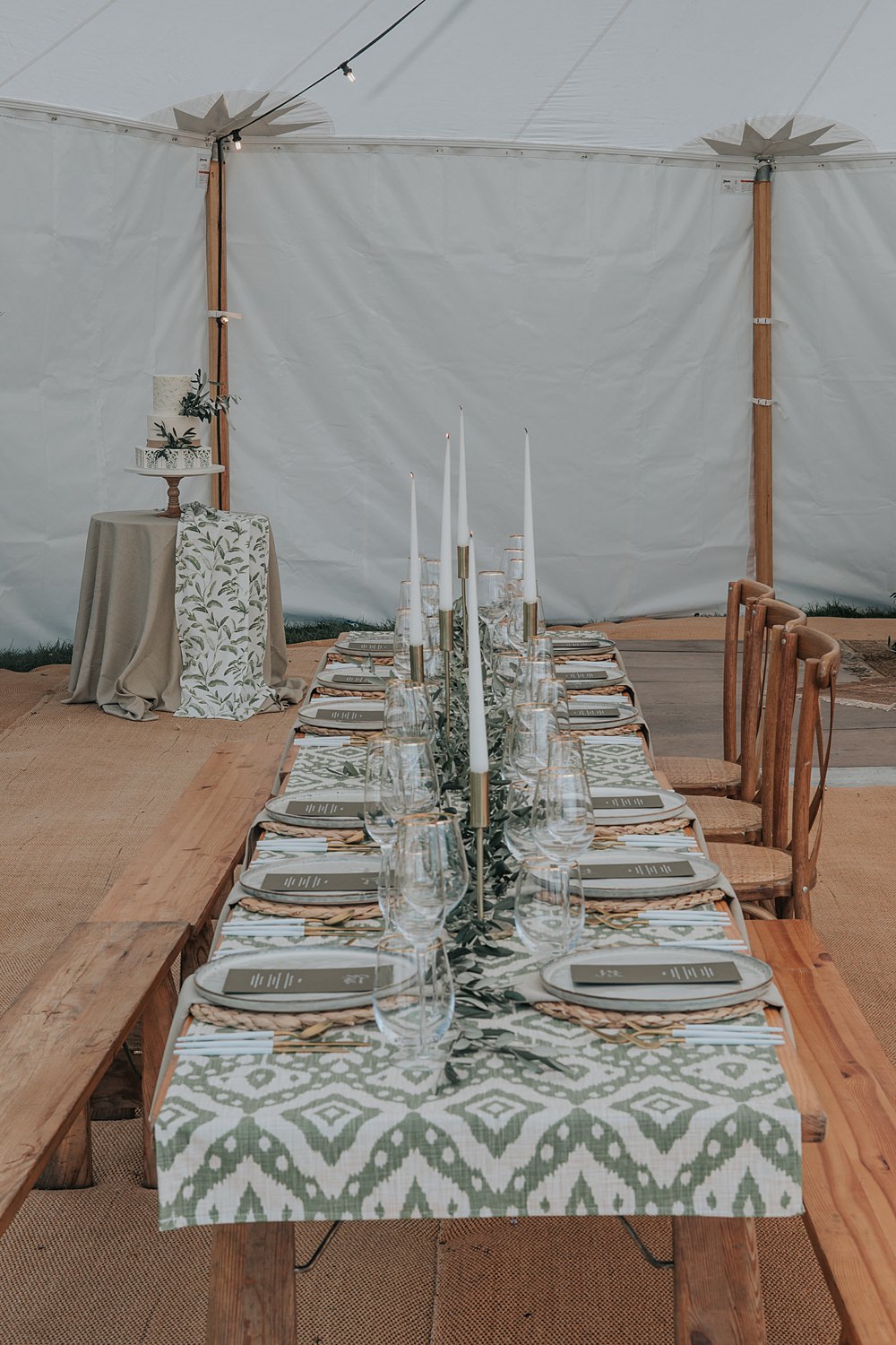 Wooden Table Green Greenery Decor Runner Flowers Candles Marquee Mismatched Pattern Wedding Ideas Melanie Barnfield Photography