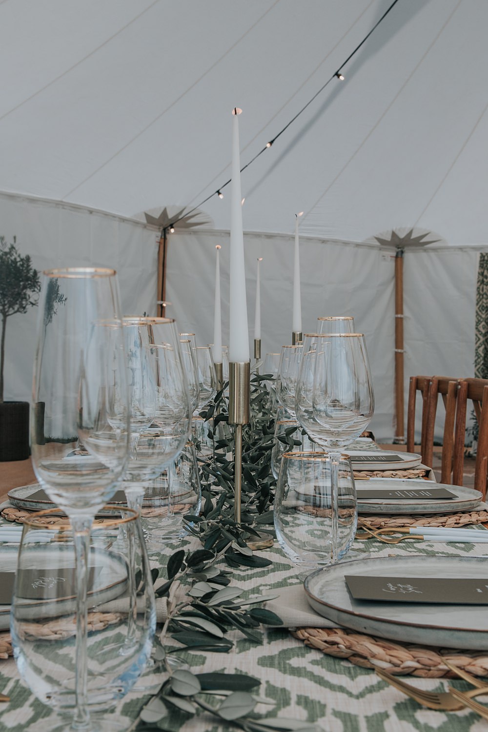 Wooden Table Green Greenery Decor Runner Flowers Candles Marquee Mismatched Pattern Wedding Ideas Melanie Barnfield Photography