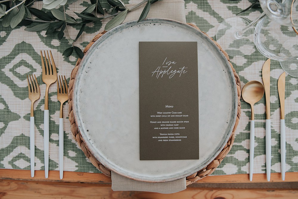 Place Setting Green Gold Decor Mismatched Pattern Wedding Ideas Melanie Barnfield Photography