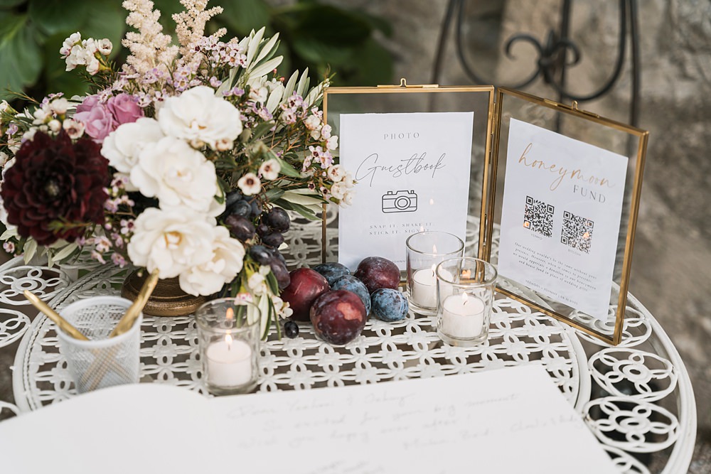 QR Code Guest Book Honeymoon Fund Table Sign Candles Flowers Borgo di Castelvecchio Wedding Punti di Bianco
