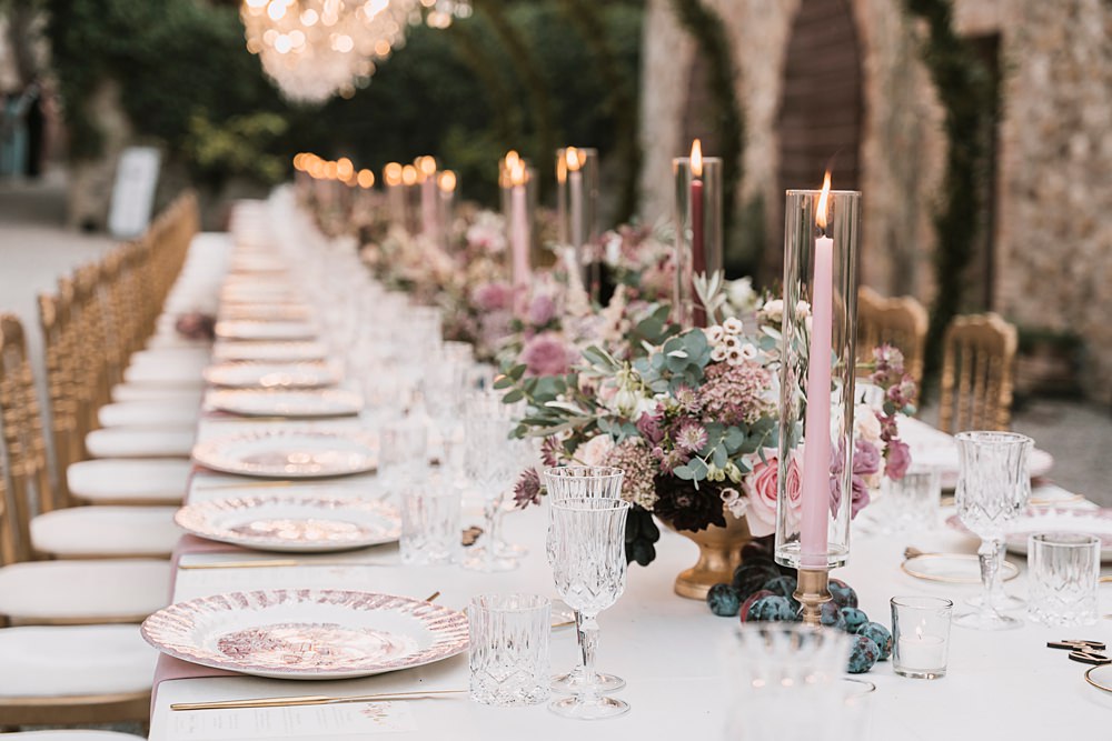 Table Decor Pink Candles Flowers Borgo di Castelvecchio Wedding Punti di Bianco