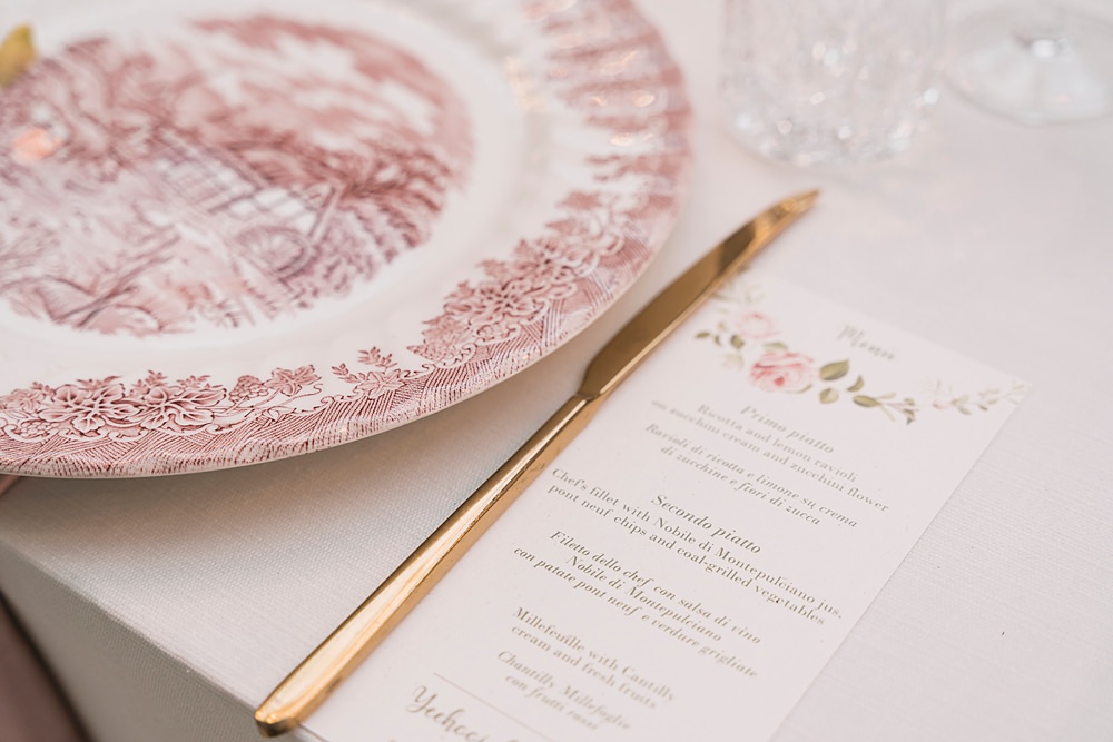 Pink Plate Gold Cutlery Menu Place Setting Borgo di Castelvecchio Wedding Punti di Bianco