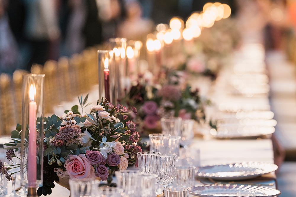 Table Decor Pink Candles Flowers Borgo di Castelvecchio Wedding Punti di Bianco