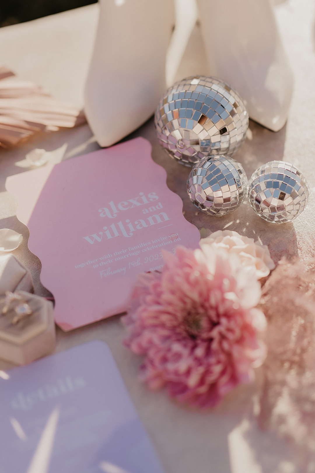 Desert Disco Wedding J. Emmanuel Photography Invite Disco Balls Pink Flowers