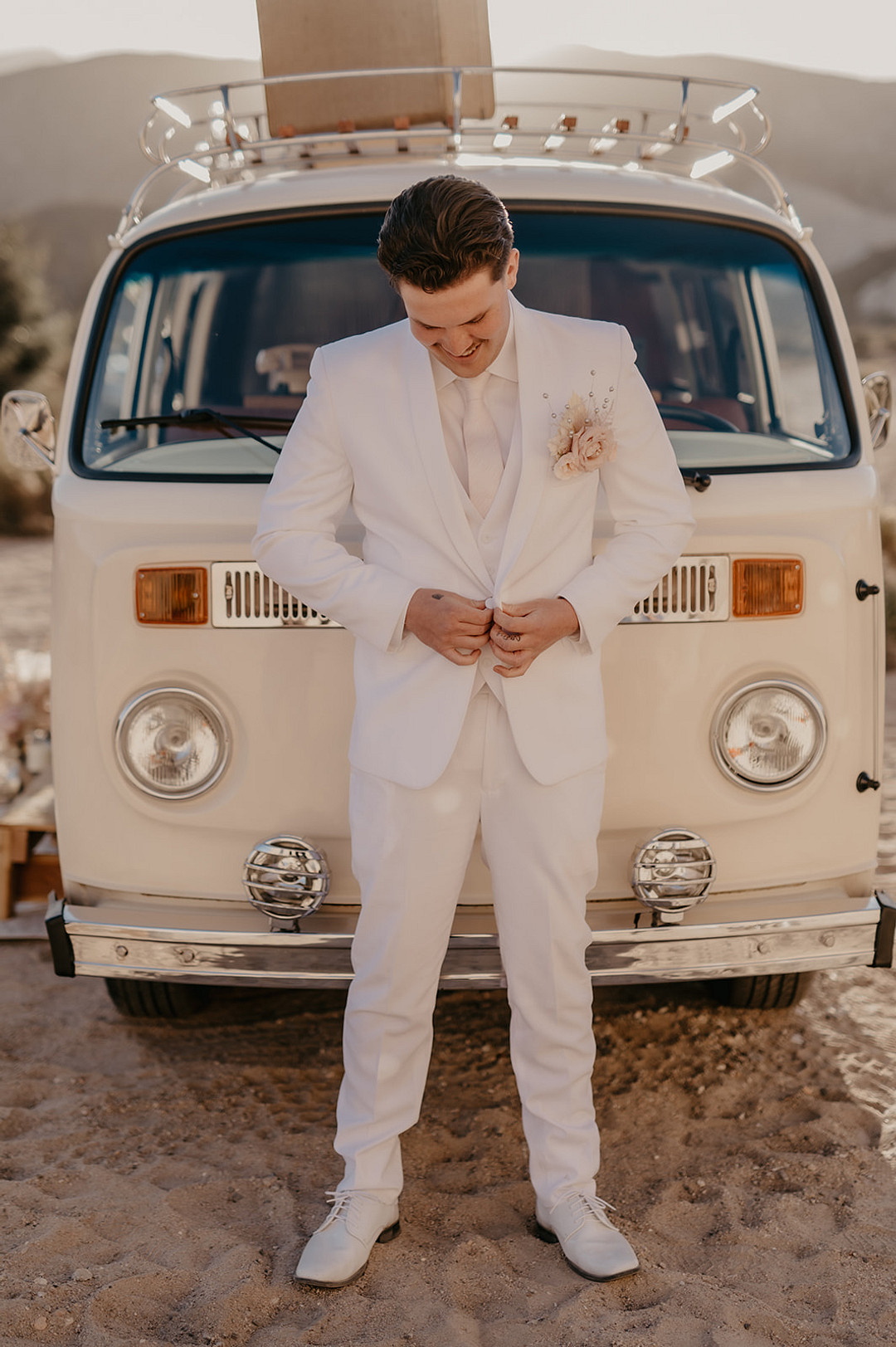 Groom White Suit Tie Desert Disco Wedding J. Emmanuel Photography