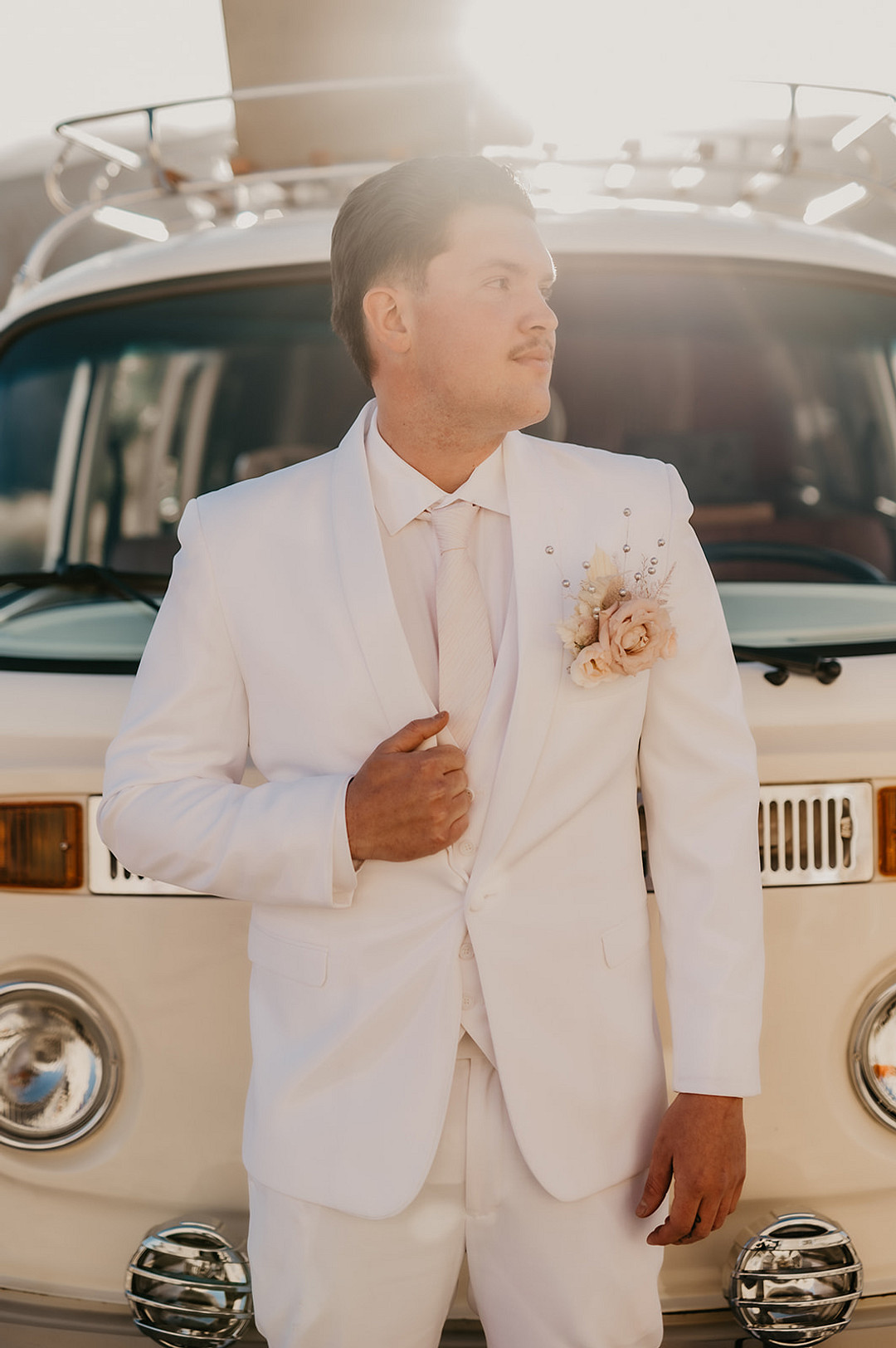 Groom White Suit Tie Desert Disco Wedding J. Emmanuel Photography