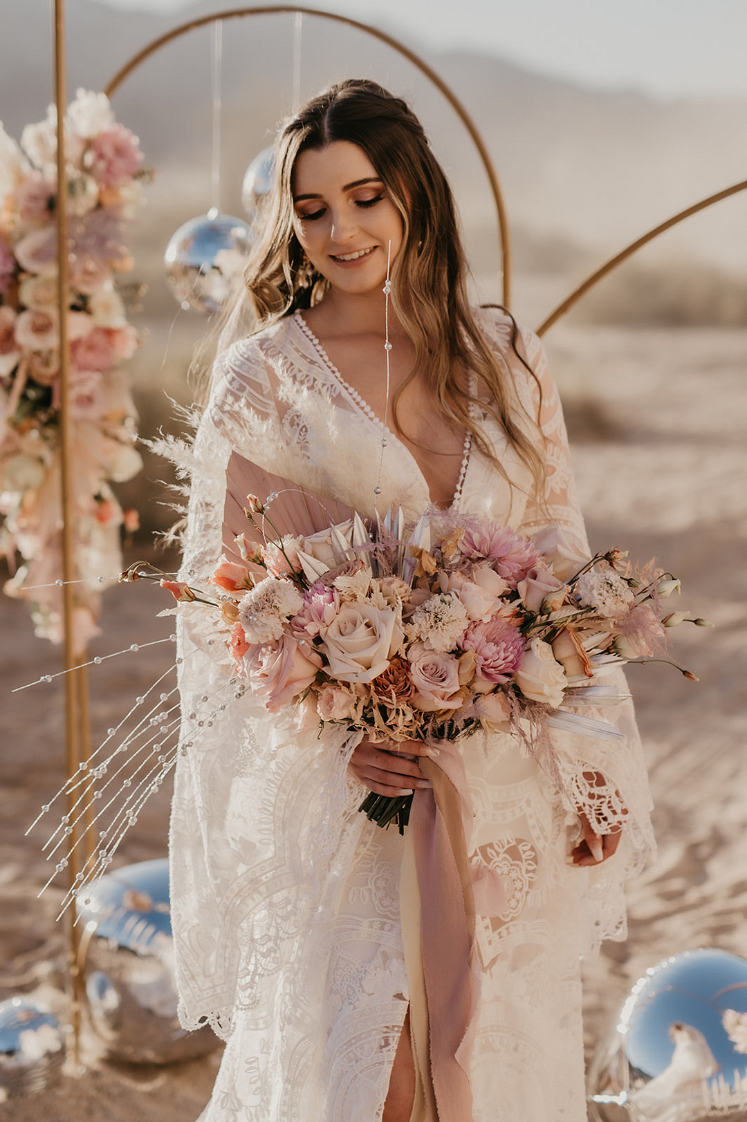 Bouquet Flowers Bride Rose Pink Pampas Grass Desert Disco Wedding J. Emmanuel Photography
