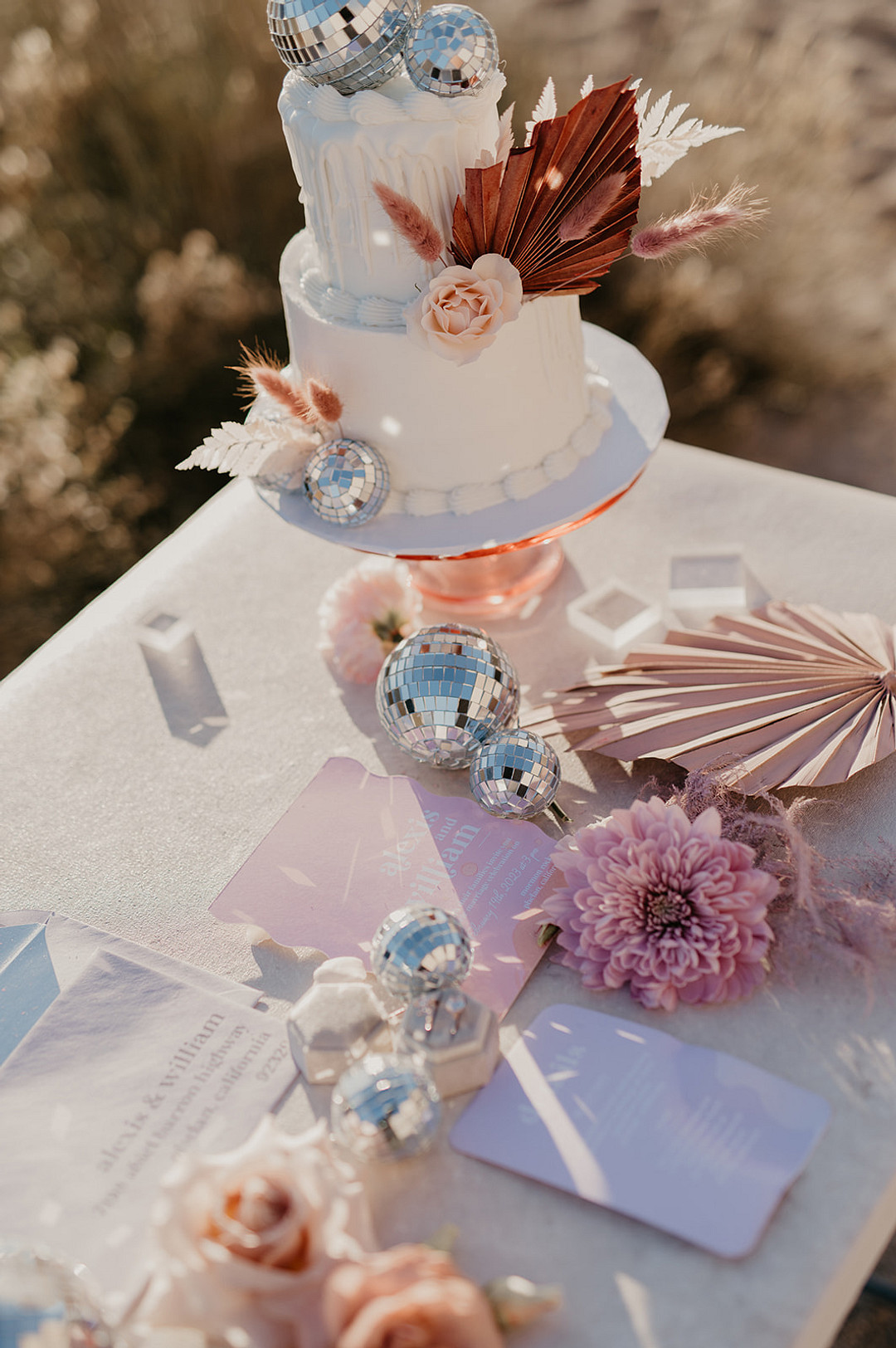Cake Table Flowers Disco Balls Desert Disco Wedding J. Emmanuel Photography