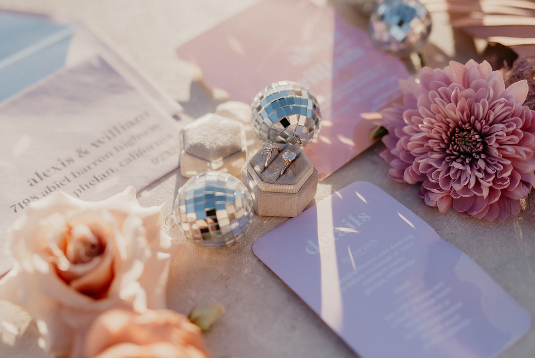 Desert Disco Wedding J. Emmanuel Photography Invite Disco Balls Pink Flowers