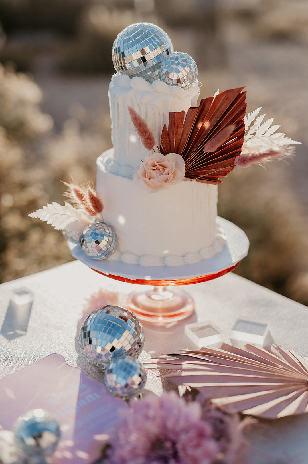 2 Tier Cake Flowers Palms Disco Ball Iced Desert Disco Wedding J. Emmanuel Photography