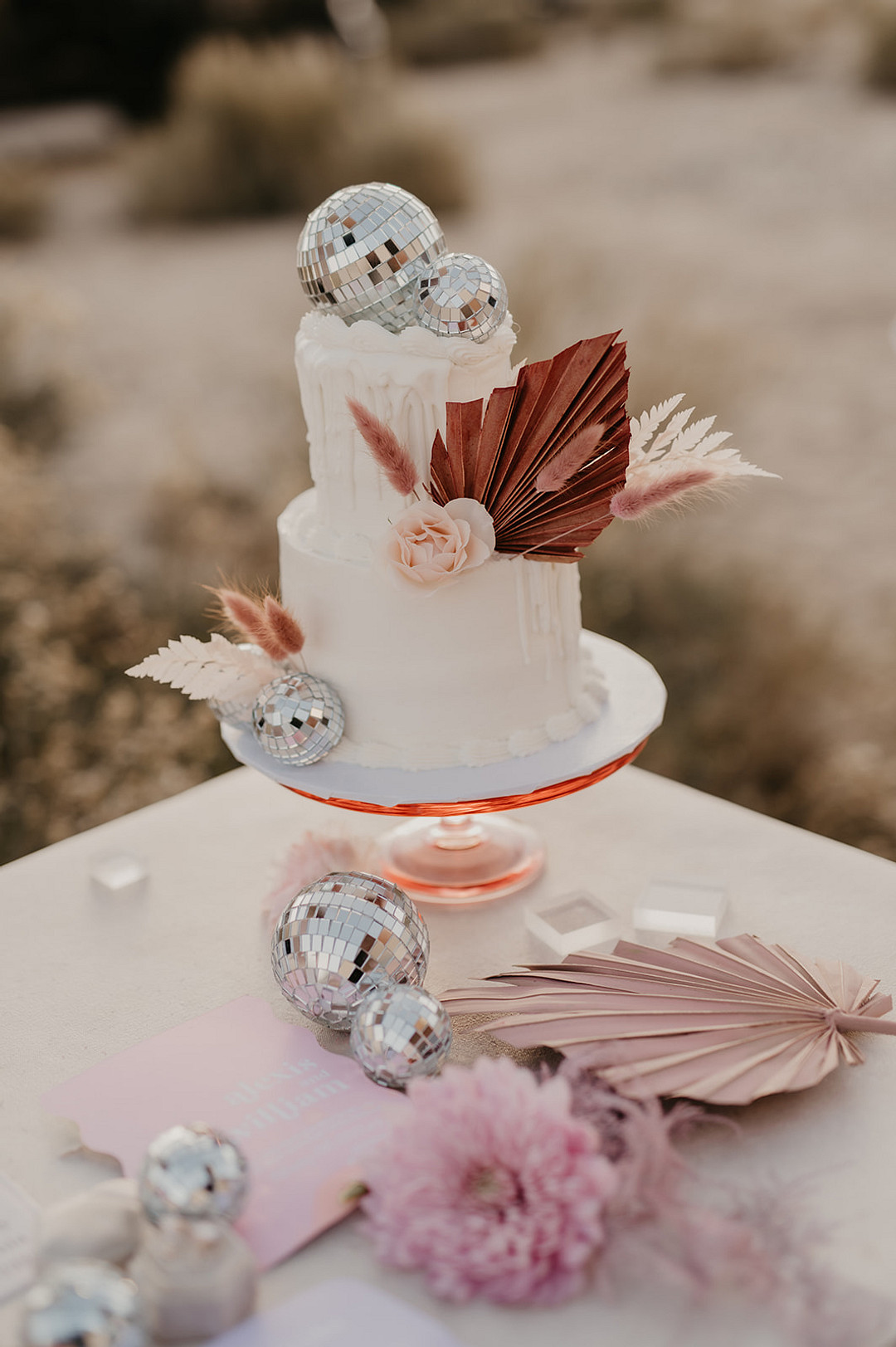 2 Tier Cake Flowers Palms Disco Ball Iced Desert Disco Wedding J. Emmanuel Photography